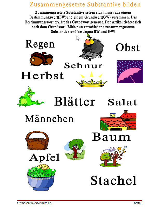 Arbeitsblatt Nachhilfe Deutsch Klasse 3 “Zusammengesetzte Substantive“